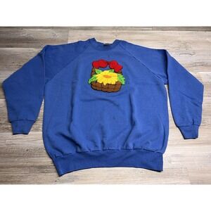 Vintage Grandma Sweatshirt Embroidered Rug Stitch Floral Cottagecore Size XL USA